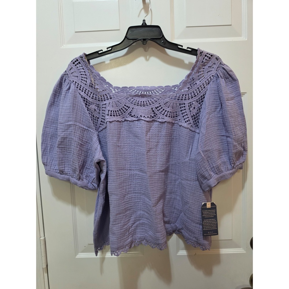 NWT Democracy Crochet Lace Yoke Gauze Blouse Lavender Purple Plus Size 1X